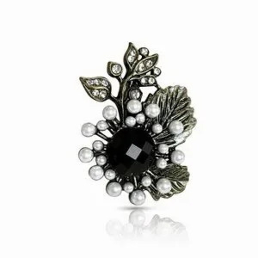 Vintage-Inspired Black Crystal & Pearl Floral Brooch